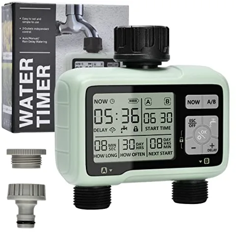 Temporizador de riego 2 Salidas,Programador Riego para Piscina de Césped Jardín,Gran Pantalla LCD/Operación fácil/Bloqueo para niños/Retraso por Lluvia intensa/Riego Manual