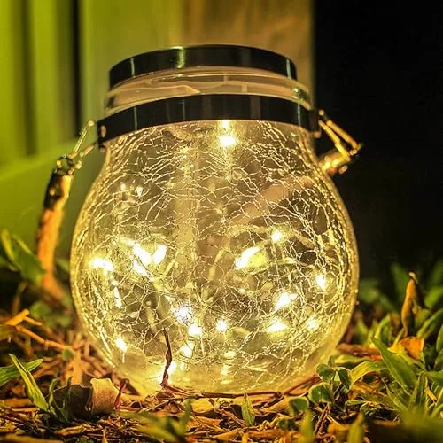 M LEDme - Farolillo Solar Exterior, luz cálida, SphereGlass Linternas Solares de Cristal Craquelado para Jardin, Luz Solar con Soporte Extraíble, Césped, Navidad, 2W, LM8074