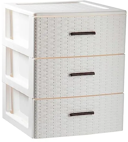 Tradineur - Cajonera de ordenación Rin Rattan de plástico - 3 cajones - Torre de almacenaje multiusos, organizador auxiliar, almacenamiento, baño - 46,5 x 36,5 x 36,5 cm - Color Blanco Roto