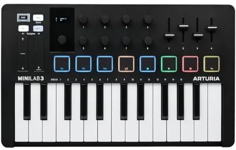 Arturia - MiniLab 3 - Controlador MIDI Universal para Producción Musical, con Paquete de Software Todo en Uno - 25 Teclas, 8 Pads Multicolor - Negro