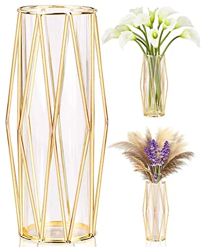 Jarrones Decorativos Modernos con Soporte Metálico Geométrico, Terrario Cristalino, Florero de Vidrio para Plantas Hidropónicas y Flores, Centro de Mesa para Bodas y Decoración de Interiores
