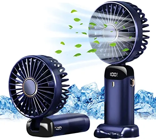 Jsdoin Ventilador de mano portátil, 5 velocidades recargable por USB,funciona con pilas, ventilador plegable de escritorio con pantalla LED para el hogar,oficina,dormitorio,viajes al aire (Azul)