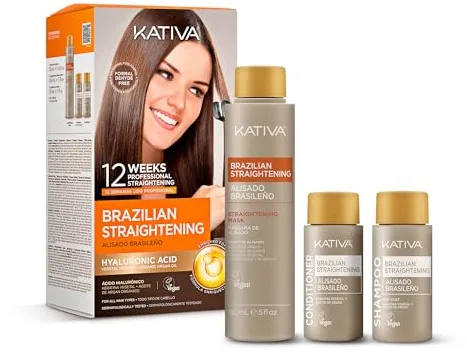 Kativa Kit Alisado Brasileño - Nueva fórmula con ácido hialurónico - Tratamiento Alisado Profesional en casa - Hasta 12 Semanas de duración - Alisado Keratina - Fórmula vegana - Fácil de aplicar