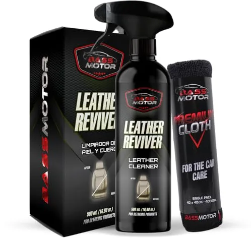 BassMotor Limpiador Cuero, Piel y Alcantara Coche Limpia, Desengrasa y Acondiciona Asientos y Tapicerias - Leather Reviver 500 ml + Bayeta Premium