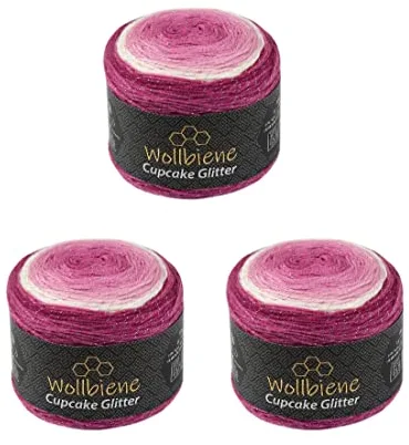 Cupcake Glitter Simli Ovillo de lana para tejer, 150 g cada una, 450 g, para tejer y ganchillo, lana turca degradada de colores con purpurina (3200 Baya, Blanco Rosa)