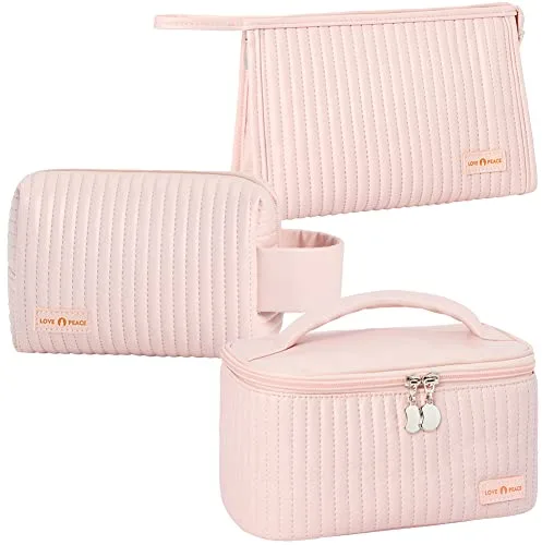 Linpr Neceser Maquillaje de 3 Piezas para Mujer, Neceser Viaje Grande para Niña, Bolsa Maquillaje Organizador de Cuero Sintético a Rayas, Linda Bolsa de Aseo para Mujeres y Niñas (Rosa)