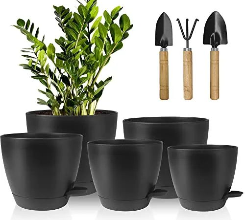 Macetas para Flores Juego de 5, 17.8/16.5/15.2/13.9/12.7cm macetas de Auto-riego, Maceteros Decorativos Interior con Agujeros de Drenaje, Macetas De Flor para Interior para DecoracióN del Hogar(Negro)