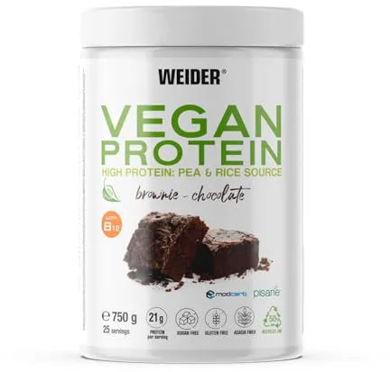 Weider Vegan Protein (750g) Sabor Brownie-Chocolate. Proteína Vegana 21g/dosis Aislada Guisante (Pisane) y Arroz. Con Vitamina B12 y Stevia. Sin Gluten, Sin Azúcar. Bote 50% Reciclado, 100% Reciclable