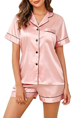 Vlazom Señoras Pijama de satén de Manga Corta Botón Frente Dos Piezas Inicio Set(S,Rosa)