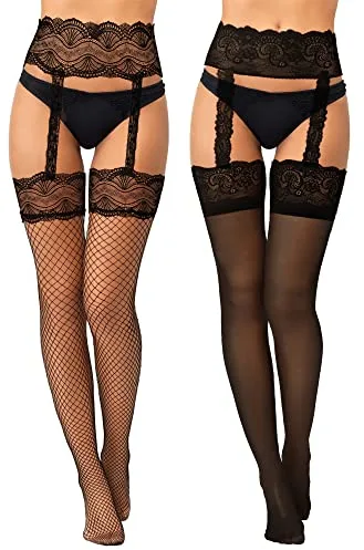 Geyoga 2 Pares de Medias con Liguero Altas de Tirantes de Encaje de Red de Liga Estampadas de Flor hasta Muslo para Mujer (Negro)