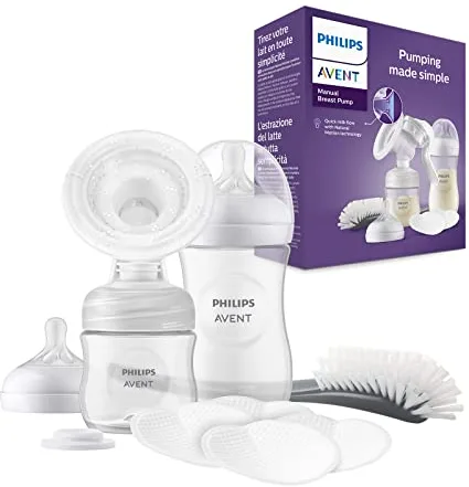 Philips Avent Set de regalo de extractor de leche manual: extractor de leche individual, biberones de 260 ml y 125 ml, sin BPA, 4 discos absorbentes desechables (modelo SCD430/60)