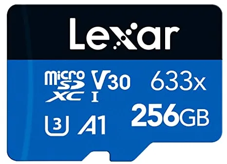 Lexar 633x Tarjeta Micro SD 256GB, Tarjeta Memoria microSDXC UHS-I, Adaptador SD, hasta 100 MB/s de Lectura, A1, C10, U3, V30, Tarjeta TF para Smartphone, Tablet y Camara IP (LMS0633256G-BNAAA), Azul