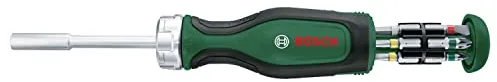 Bosch Destornillador de carraca con 12 puntas (alto par para un atornillado eficiente y de alta intensidad; depósito de puntas emergente; incluye 12 puntas; portapuntas magnético) - Amazon Edition