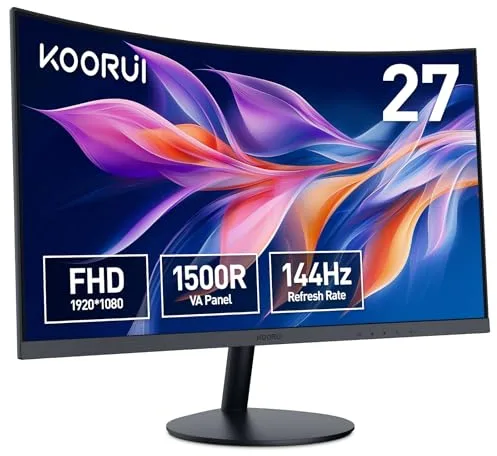 KOORUI Monitor Curvo - 27 Pulgadas Full HD (1920x1080 a 144 Hz, 5ms, VA 3000:1, Curvatura 1500R, HDMI, VGA, Antirreflejo, Eye Ease, Inclinación)