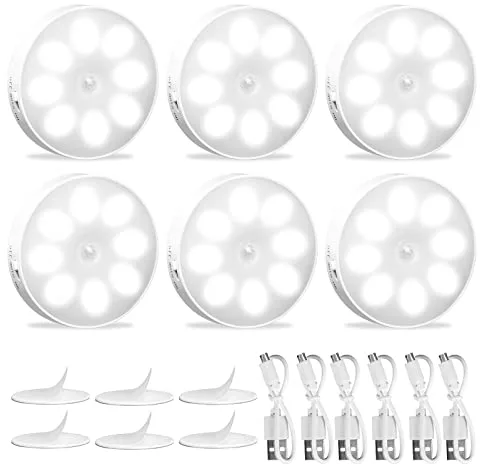 KEWUZY 6-pack Luz Nocturna Sensor Movimiento Recargable por USB, de Armario, 8 LED, 3 Modos (Auto/On/Off) para Armarios, Pasillo, Escalera, Sótano, Garaje(Blanco Frío)