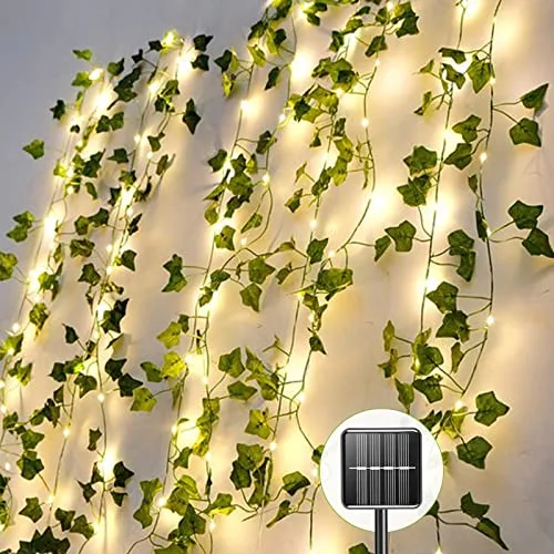 A.bigwhale Cadena de Luz Led Solar, Guirnalda de Hiedra Artificial, 1 Pieza de Plantas Colgantes con 60 LEDs Cadena de Luz Solar para Exteriores, 8 Modos, Hiedra Falsa Impermeable