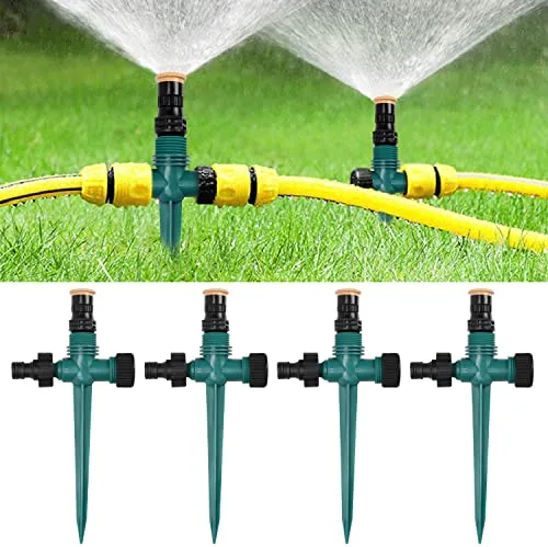 Aspersor de jardín, 4 unidades, aspersor de agua giratorio a 360°, sistema de riego circular automático ajustable para jardín, césped, plantas, verduras y flores pastorales (verde)