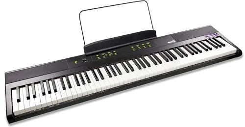 Piano digital RockJam de 88 teclas con teclas semipesadas de tamaño completo, fuente de alimentación, atril para partituras, pegatinas para notas de piano y lecciones de Simply Piano.