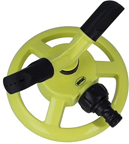 Amig - Aspersor Giratorio con 2 Boquillas - Para Sobreponer en el Césped - Ø150 x 110 mm - 2 Brazos Giratorios y Conector Rápido - Superficie hasta 34 m² - Plástico ABS - Verde Pistacho y Negro