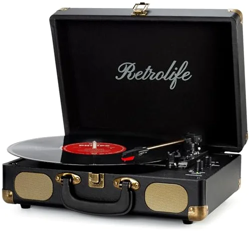 Tocadiscos de Vinilo Portátil con Correa de 3 Velocidades 33/45/78 RPM Bluetooth con Altavoces Incorporados Salida de Línea RCA Entrada AUX para Auriculares Tocadiscos Vintage