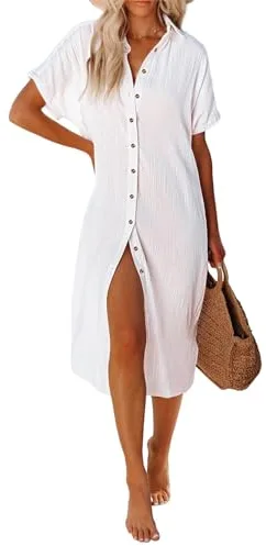 UMIPUBO Vestido Playa Mujer Camisolas y Pareos Largo Traje de Baño Bikini Cover Up Falda de Playa de Botones Verano Vestido de Bikini(Blanco,S)