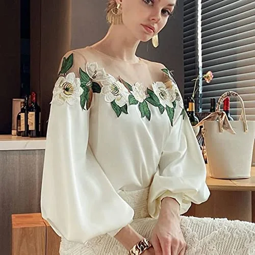 LNSIN Camisa de malla con bordado de satén para mujer, manga de farol, blusa vintage para mujer, blusa casual a la moda