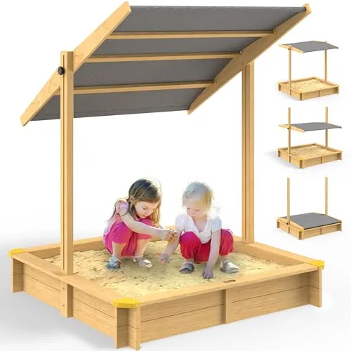 SPIELWERK® Arenero Niños 120x120x120cm Techo Ajustable UV50+ Hidrófugo Madera Natural Alfombrilla