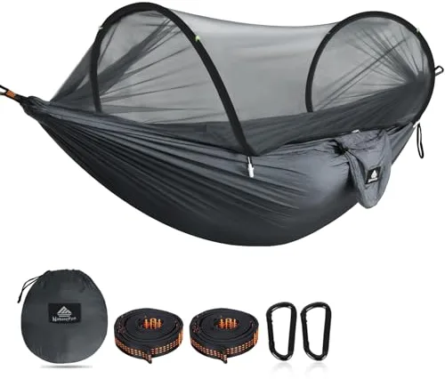 NATUREFUN Hamaca de Viaje Ultraligera con mosquitero para Acampar 300kg de Capacidad de Carga, Transpirable, paracaídas de Secado rápido de Nylon 2 mosquetones de Primera Calidad, 2 Eslingas de Nylon