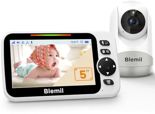 Blemil Monitor para bebés con batería de 30 Horas, Monitor para bebés de vídeo de Pantalla Grande de 5 Pulgadas con cámara y Audio, visión Nocturna, lulabies, sin WiFi