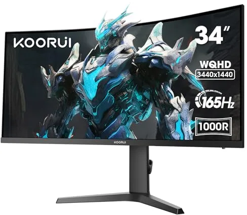 KOORUI Monitor UltraWide Curvo 34'', UWQHD 3440x1440, 165Hz, 1ms, 21:9, HDR400, 3000:1, 1000R, DCI-P3 90%, Adaptive Sync, 2xHDMI, Display Port, VESA 75 * 75mm