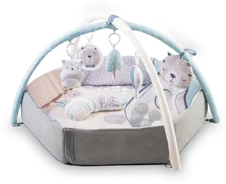 MoMi PASTEL arco de juego con colchoneta para gatear 3 en 1 para bebés desde el nacimiento, colchoneta de actividades sensoriales con 2 arcos, baño de bolas, 5 juguetes