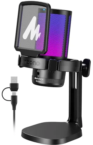 MAONO Microfono Gaming, USB Micrófono Condensador con Cancelación de Ruido para Streaming Podcast Studio, Compatible con PS5/PS4/Mac con Luces RGB Controlables, Botón de Silencio, Control de Ganancia