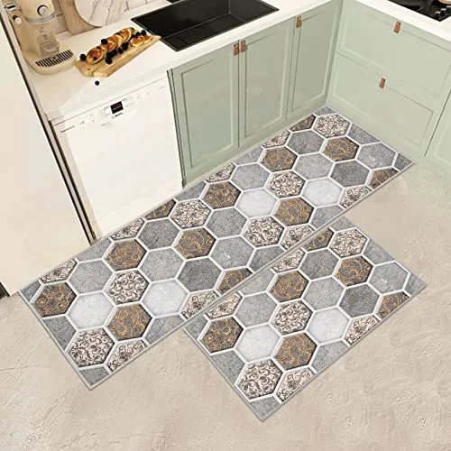 JEFFEL Juego de 2 tapetes de Cocina Antideslizantes y Lavables, tapetes de Cocina antifatiga para decoración del hogar, Oficina, Escritorio de pie (C, 43 x 75 + 43 x 150 cm)