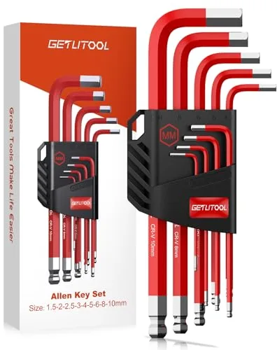 GETLITOOL 9pcs Juego de Llave Allens Profesional con Punta Redondeada Métricas Cr-V de 1,5 a 10 mm Llave Hexagonal cero al Cromo Vanadio para Reparación de Bicicletas Montaje de Muebles