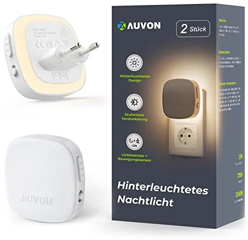 AUVON Luz Nocturna Infantil Enchufe, Luz con Sensor de Movimiento y Sensor de Crepúsculo, 2 Piezas Luz Bebe Nocturna Night light de Color Ajustable de 1-50 lm, Escalera, Dormitorio, Cocina
