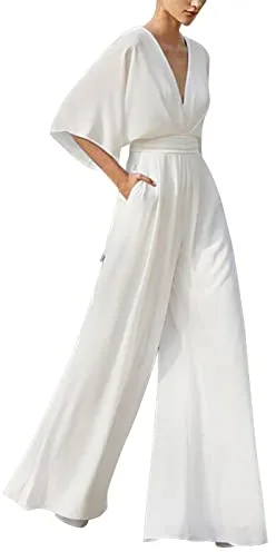 Mono para mujer, con V profundo para mujer, de verano, monocolor, media manga, de una sola pieza, de cintura alta, mono de pierna ancha, con bolsillo, informal, holgado, talla única, Blanco, XL