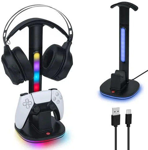 Mcbazel Cargador para Controlador PS5 DualSense, con Iluminación RGB Versátil y Soporte para Auriculares, Compatible con Mandos PS5 DualSense