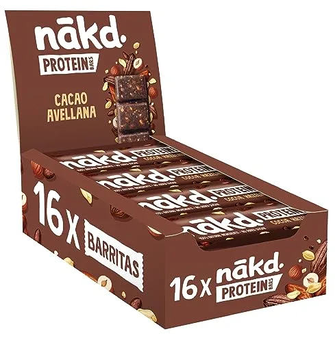 Nākd. Protein Cacao Avellana | Barritas Proteícas | 7g de Proteína de Origen Vegetal |100% Ingredientes Naturales | Sin Azúcar Añadido | Vegano | 16 x 45g | 720g