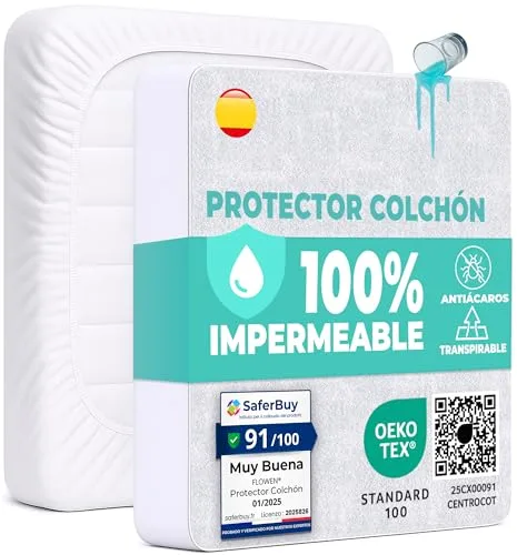 Protector Colchón 90 x 190 cm Funda Colchón Impermeable Sábana Bajera Impermeable de Algodón y Microfibra Cubre Colchón para Cama Transpirable Cover Hipoalergénico Antiácaros Lavable a Máquina