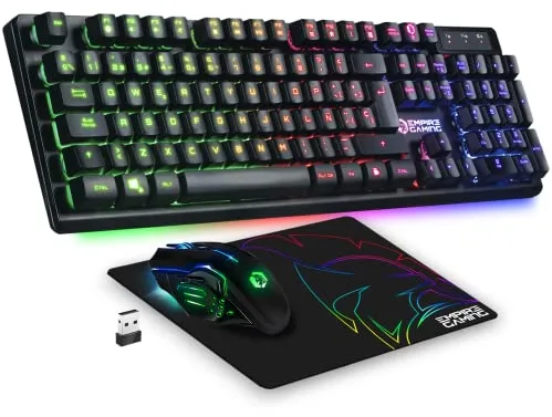 Empire Gaming - Armor RF800 Teclado y Ratón para Gamers Inalámbrico Recargable QWERTY(Layout Español) con Mouse Pad-RGB Wireless 2.4Ghz Keyboard-4800 dpi Mouse-PC PS4 PS5 Xbox One/Series Mac-Negro
