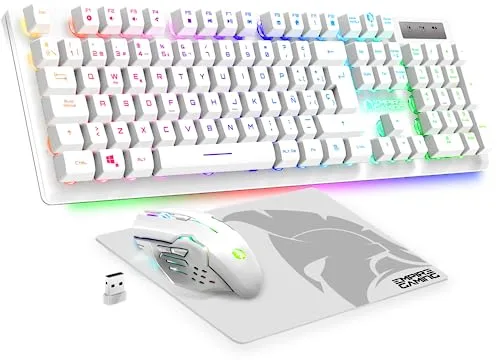 Empire Gaming - Armor RF800 Teclado y Ratón para Gamers Inalámbrico Recargable QWERTY(Layout Español) con Mouse Pad-RGB Wireless 2.4Ghz Keyboard-4800 dpi Mouse-PC PS4 PS5 Xbox One/Series Mac -Blanco