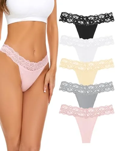 VOENXE Tangas de Mujer Encaje Bragas,Tangas Femenina Pack,Sin Costuras Braguitas,Ropa Interior,para Mujeres,Women Multicolor con Acabado Fino Que No Marca,Suaves y Elásticos Thong Underwear,5 Pack