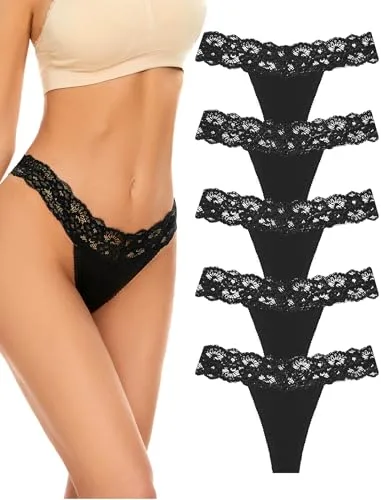 VOENXE Tangas de Mujer Encaje Bragas,Tangas Femenina Pack,Sin Costuras Braguitas,Ropa Interior,para Mujeres,Women Multicolor con Acabado Fino Que No Marca,Suaves y Elásticos Thong Underwear,5 Pack