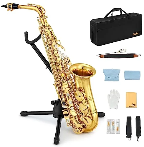 Eastar Saxofón Alto para Estudiantes, Mi bemol, Acabado Dorado, Saxofón Alto para Principiantes, Juego Completo con Estuche, Correa para Boquilla, Soporte para Caña, AS-II