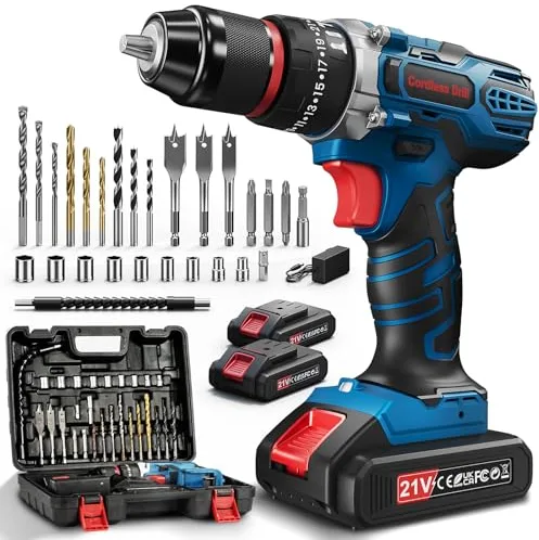 Taladro Percutor a Bateria, 21V Destornillador Electrico, 45Nm Atornillador, 2x2.0Ah Baterías, 25+3 Ajuste Par, 10mm Portabrocas Metálica, 2 Velocidad, 27 Accesorios Cordless Drill, LED Luz