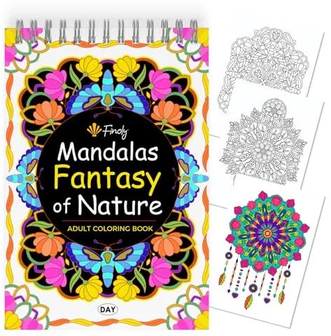Finoly Libro Mandalas Colorear Adultos | Cuadernos Mandalas Adultos y Niños | Mandalas para Colorear en Tamaño A4 | Papel Premium Encuadernación Espiral (Día)