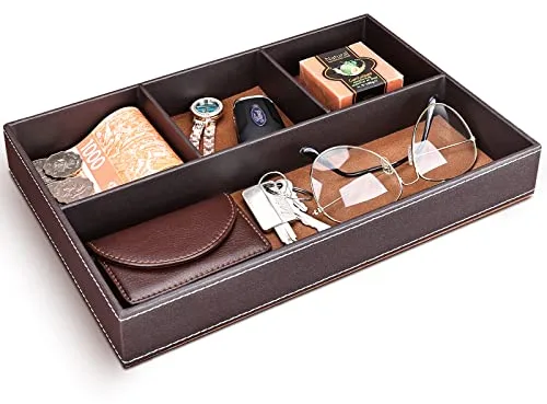GORESE Bandeja de Valet Cuero, Bandeja Organizador de Escritorio Bandeja de Almacenamiento Aparador Organizador, Captura para Llaves, Teléfono, Billetera, Moneda, Joyería y Mesa de Noche(Marrón)
