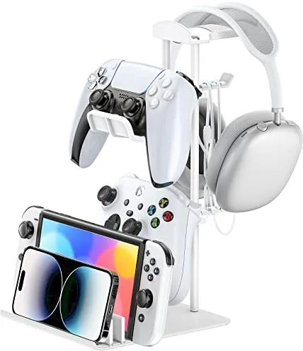 KDD Soporte Auriculares Gaming, Universal Soporte Cascos y Mando con Organizador de Cables, Headphone Stand con Barra de Apoyo de Aluminio para Teléfono Switch para Accesorios Gaming PC PS5 (Blanco)