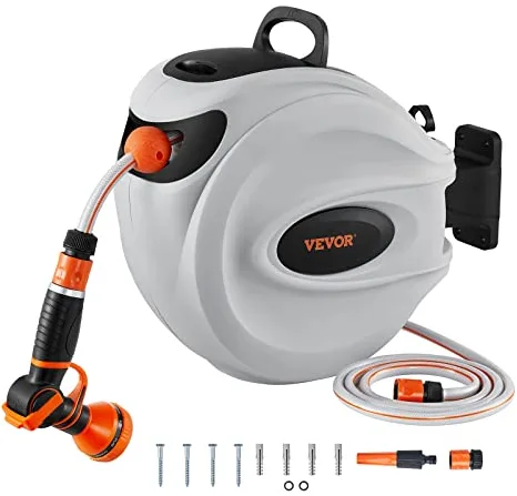 VEVOR Carrete de Manguera Retráctil Giratorio de 180° Carrete Automático de Manguera Montado en Pared Manguera Enrollable Automática 25 m x 12 mm para Regar Césped Jardín, Lavar Auto, Bañar Mascota