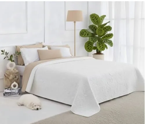 HaraDeco Colcha Blanca Floral Lisa - Colcha de Verano Ligera con 2 Fundas de Almohada - Cubrecama para Todas Las Estaciones - Hogar y Hostelería - Cama Matrimonio 180 cm